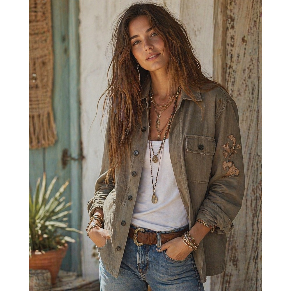 Bass Women M Army Olive Green Cotton Beads Utility Military Safari Field Jacket